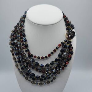 Vintage Western Germany Multi-Strand Acrylic Signed Beaded Necklace Red Black OS